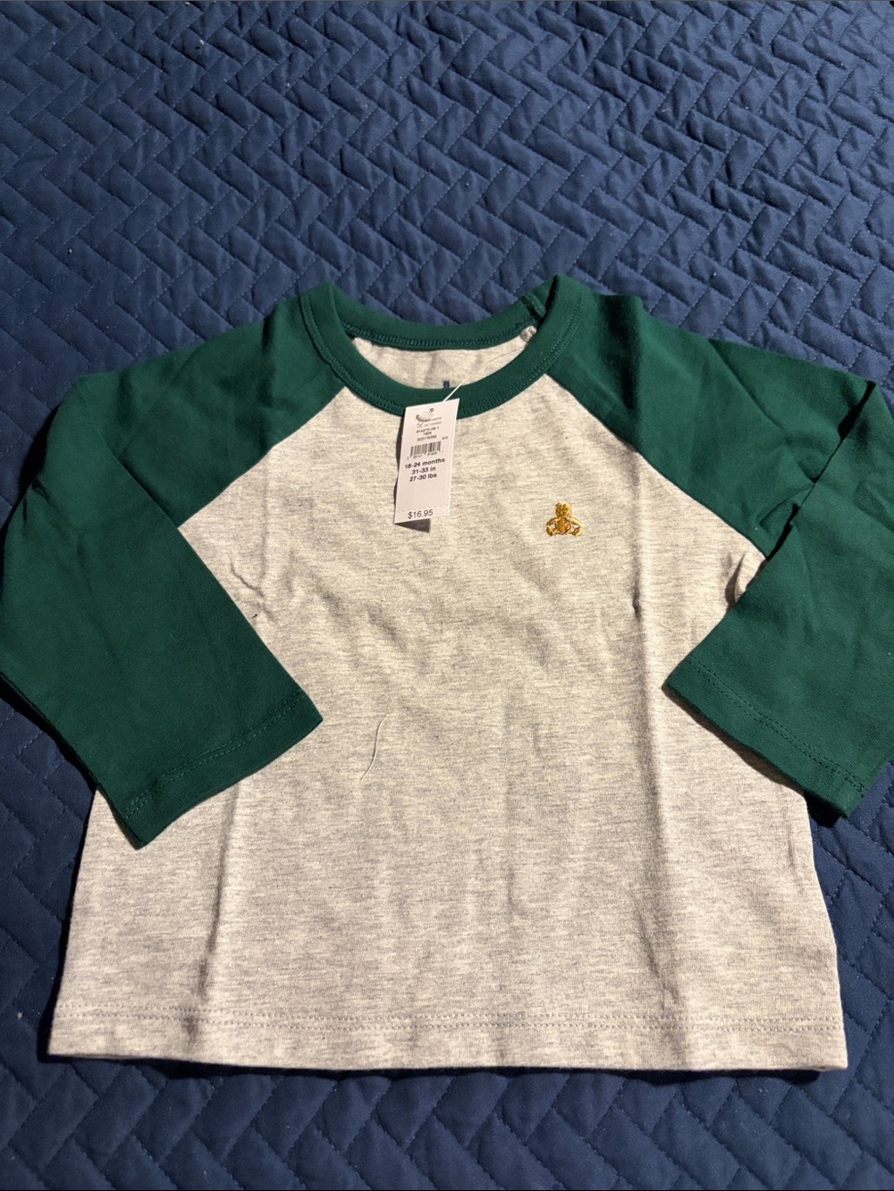 GAP Green Raglan Long Sleeve Tee with Heather Gray Body sz 18-24 m NWT